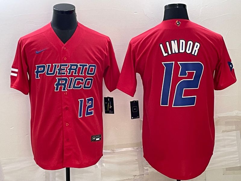 Men 2023 World Cub #12 Lindor Red Nike MLB Jersey2->more jerseys->MLB Jersey